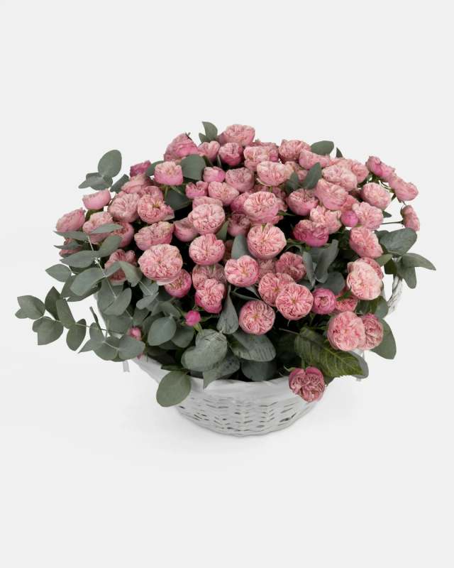 Cesta de rosas y eucalipto