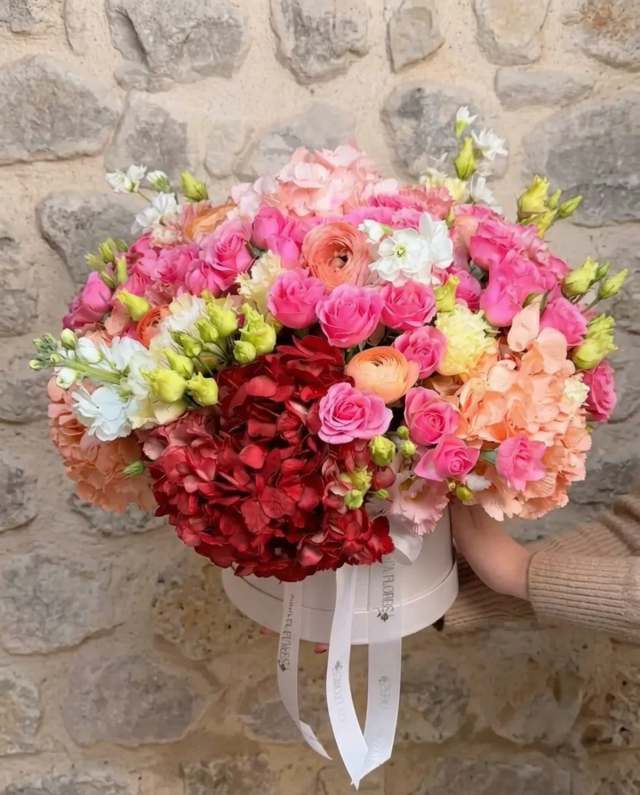 Caja de hortensias y rosas